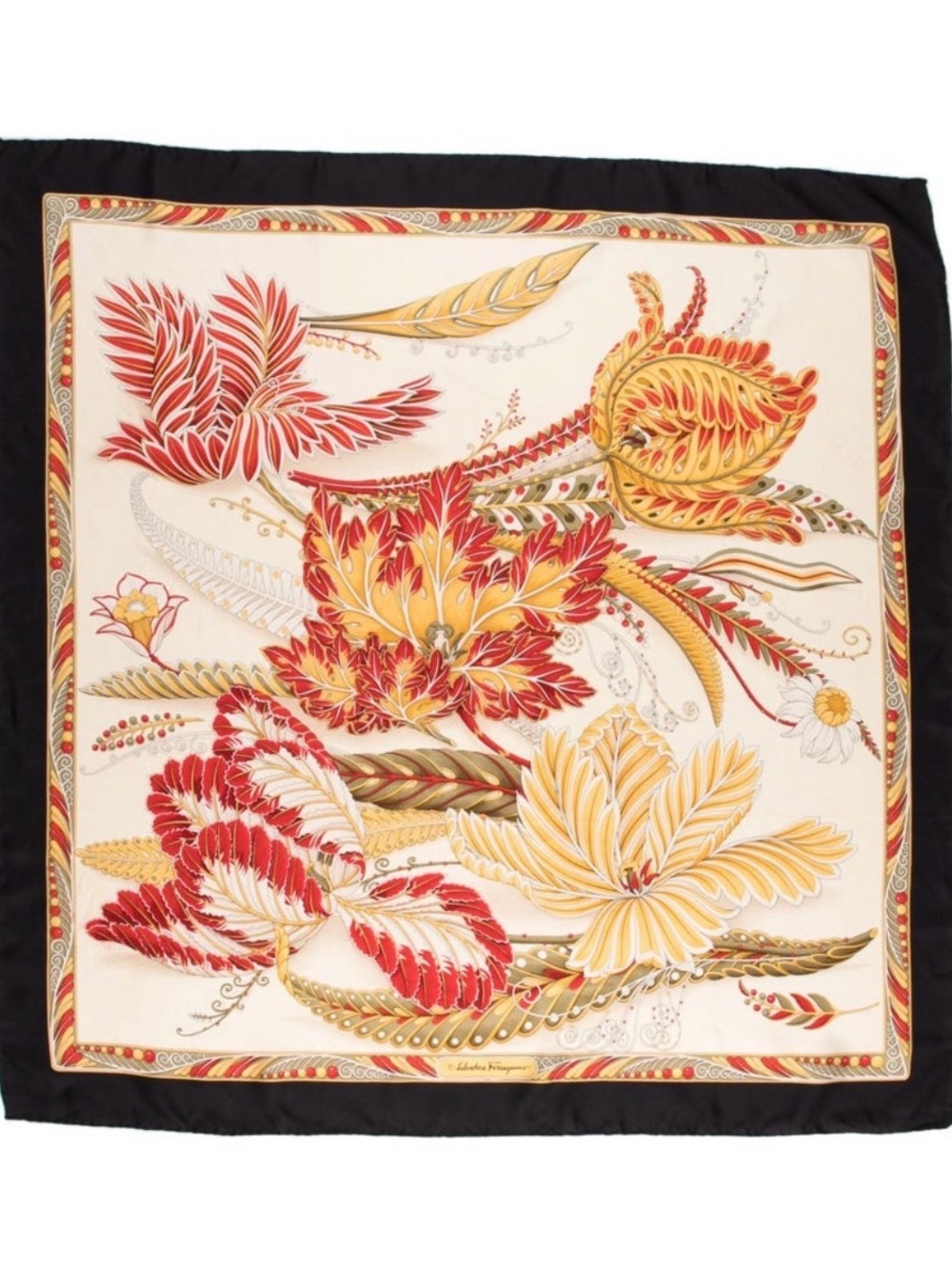 Ferragamo Silk Floral Print Scarf - Black Border with Red & Yellow Blooms